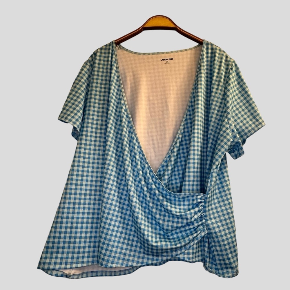Lands End Women’s Top 2X Plaid Blue Short Sleeves